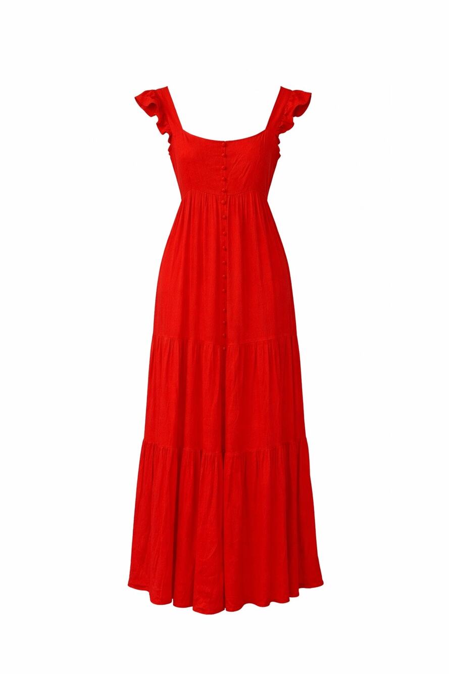 BB Dakota Steve Madden Dress Button Front Tiered Punch Red Ruffle Cap Sleeve $89